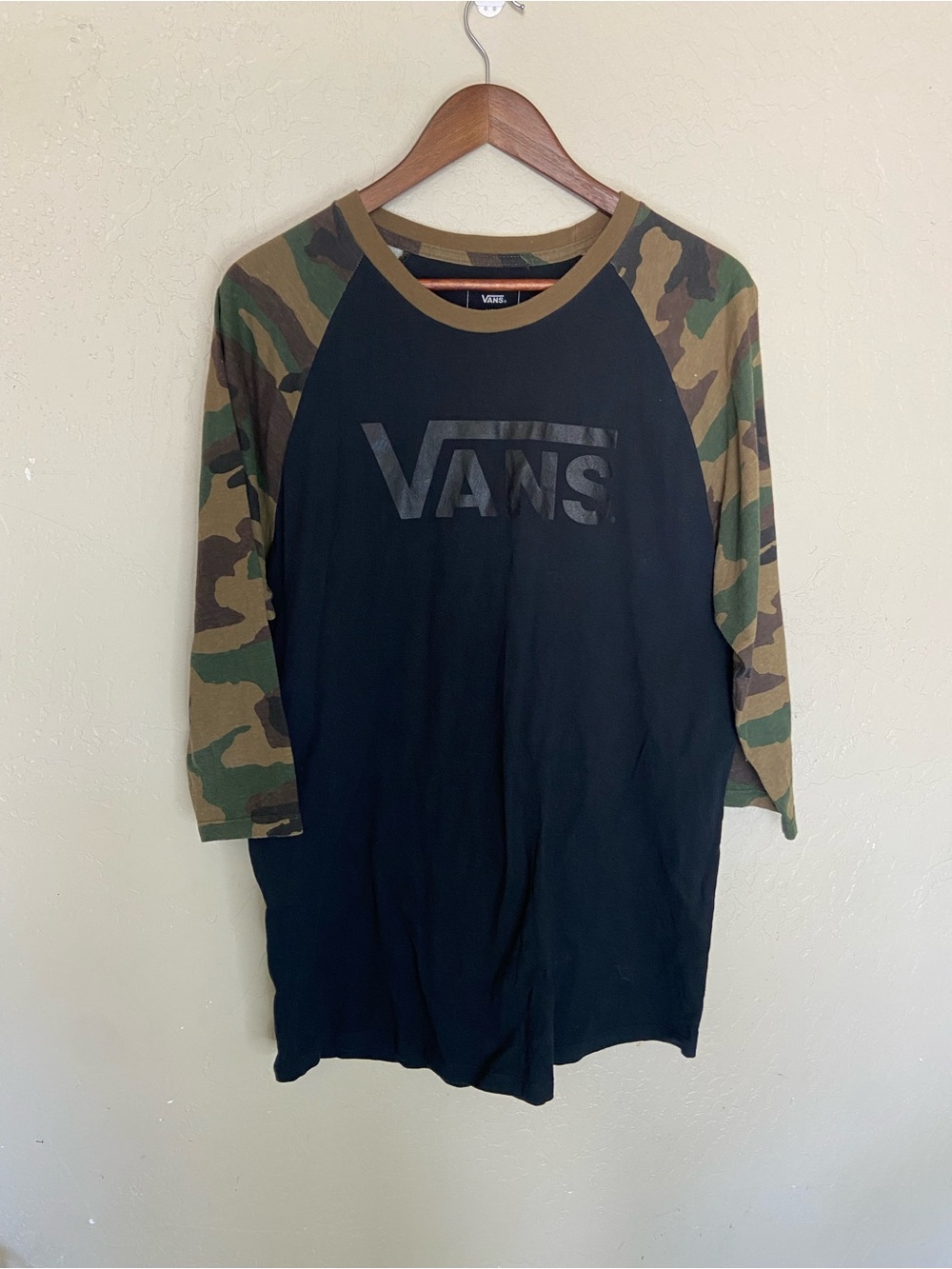 Vans Men’s Black Raglan Tee with Camo Sleeves